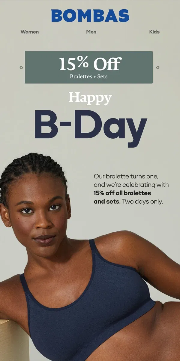 Email from Bombas. 15% Off: Bralettes Are One Year Old