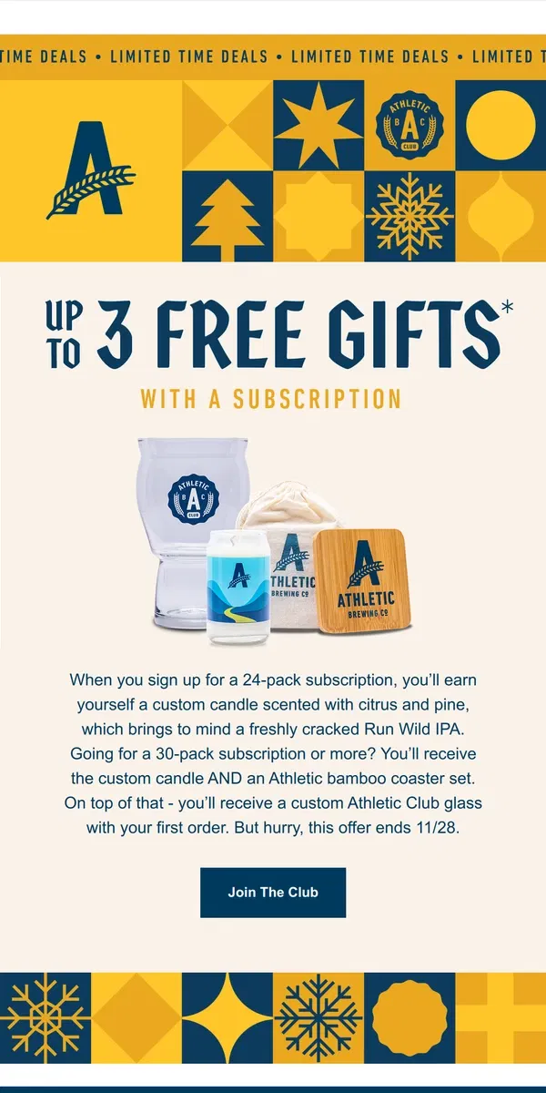 Email from Athletic Brewing Co. Black Friday Deals: Up To 3 FREE Gifts with Subscription 🎁