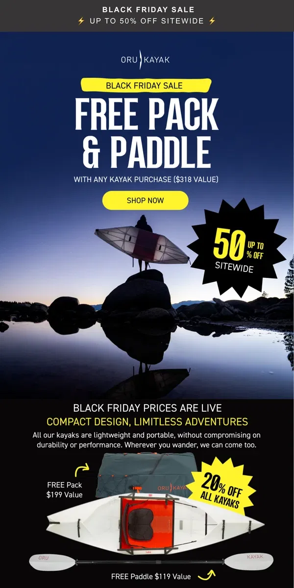 Email from Oru Kayak. Black Friday Countdown ⏰ FREE Pack & Paddle ($318 Value)