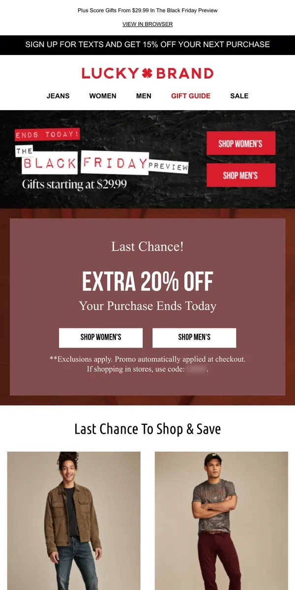 Email from Lucky Brand. ENDS TONIGHT! Hurry & Shop 20% Off Before It Ends...