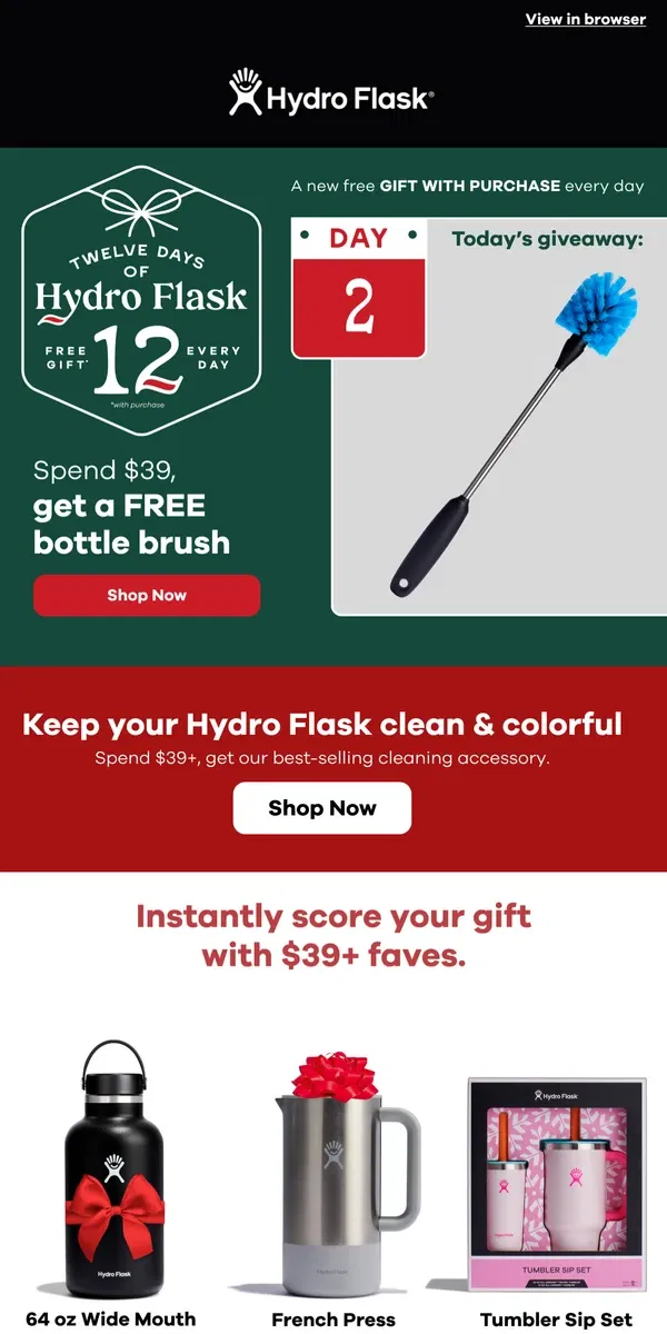 Email from Hydro Flask. 🎁 Day 2: FREE Bottle Brush