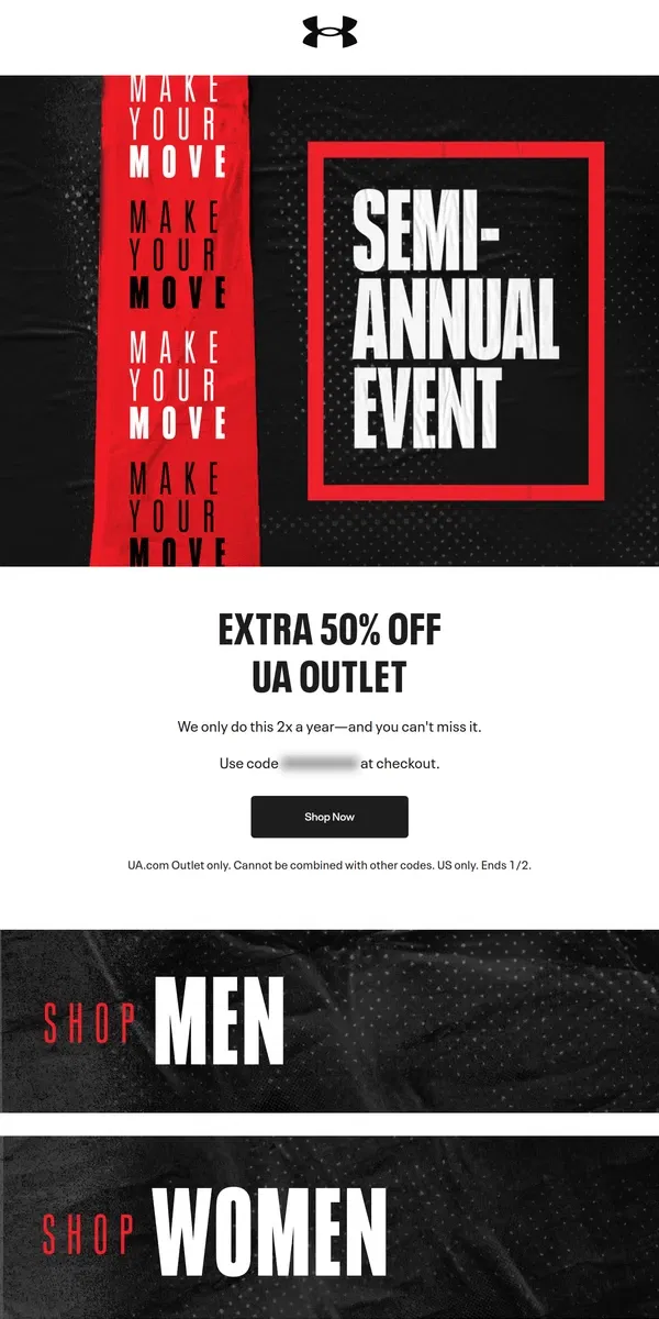 Email from Under Armour. Happening Now: Extra 50% off