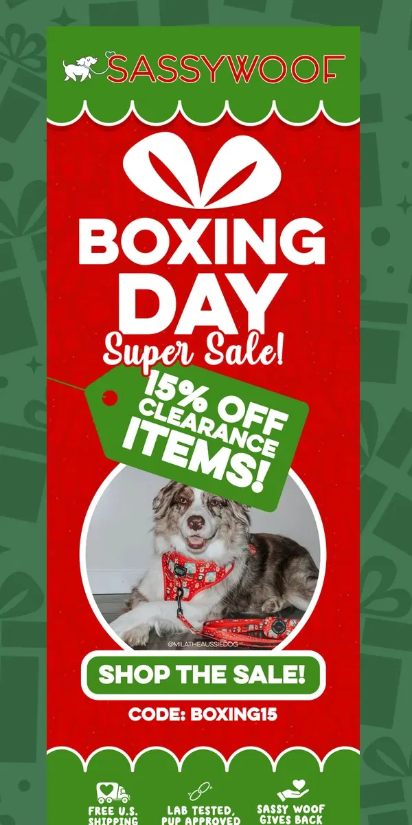 Email from Sassy Woof. Enjoy Boxing Day with a sale! 🎁