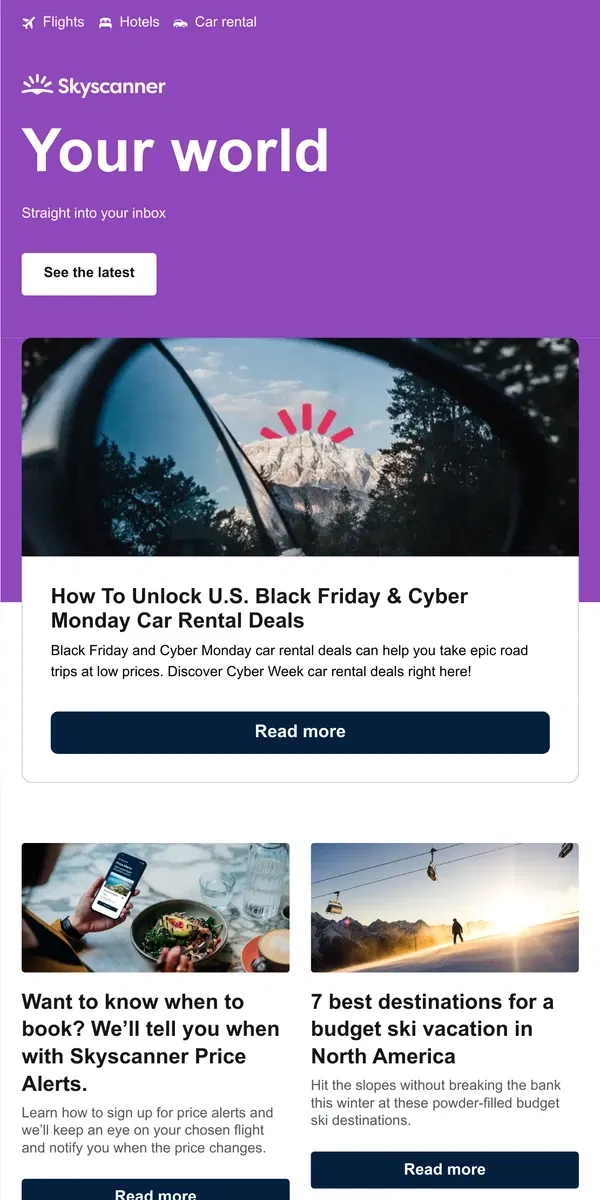 Email from Skyscanner. How To Unlock U.S. Black Friday & Cyber Monday Car Rental Deals