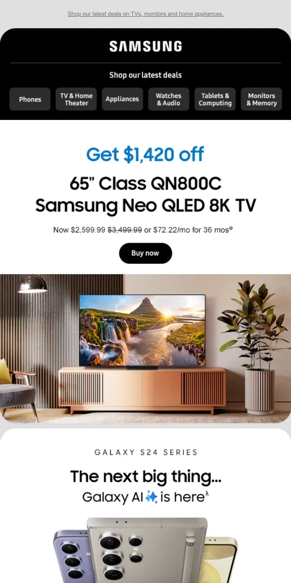 Email from Samsung. [Name], save up to $1,420 on new ways to enjoy your entertainment.