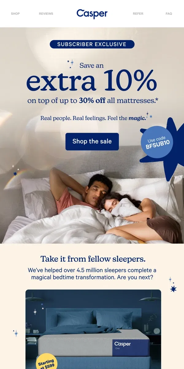 Email from Casper. "The most comfortable mattress..."