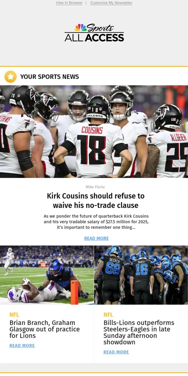 Email from NBC Sports. Kirk Cousins should refuse to waive his no-trade clause