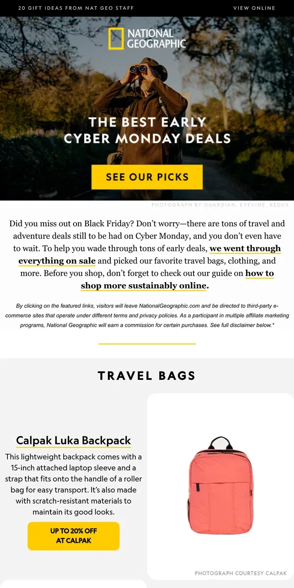 Email from National Geographic. The best early Cyber Monday deals for travelers