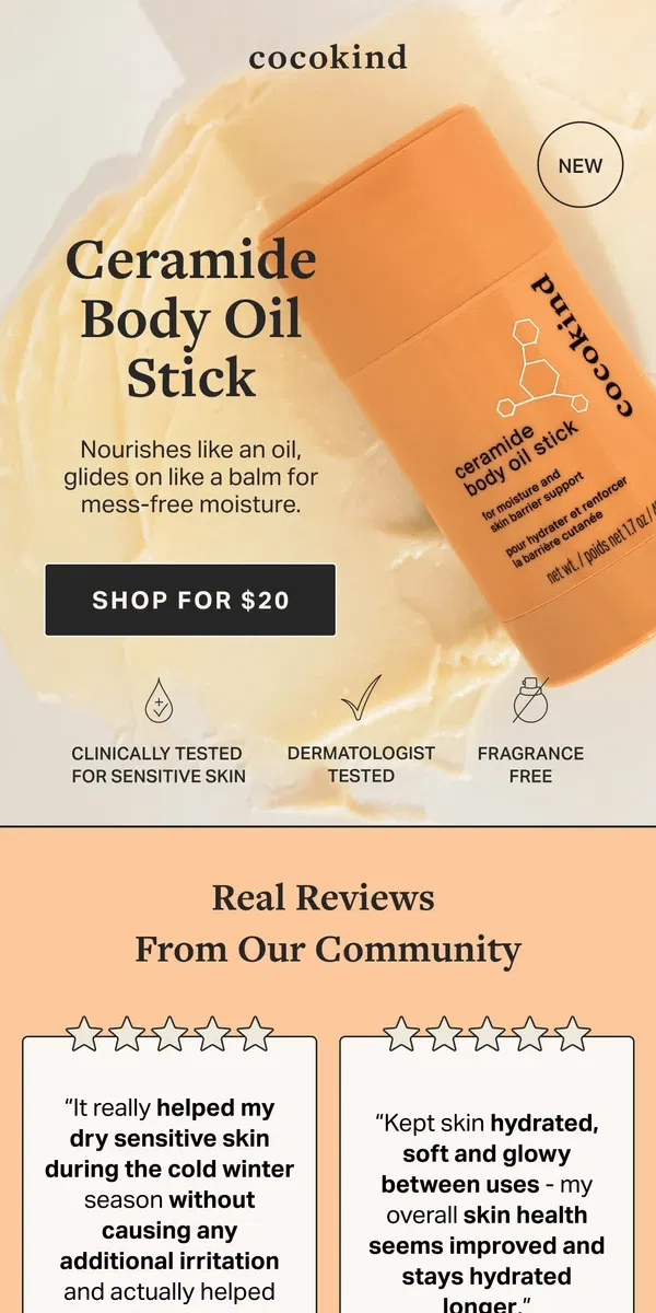 Email from cocokind. NEW! Ceramide Body Oil Stick