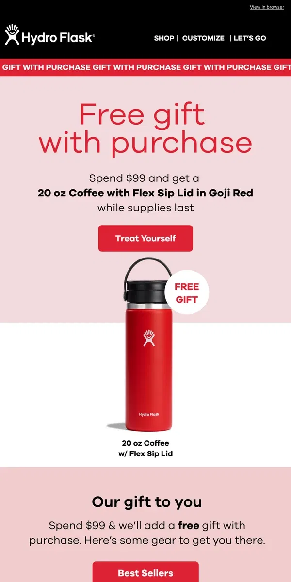 Email from Hydro Flask. FREE Gift with Purchase