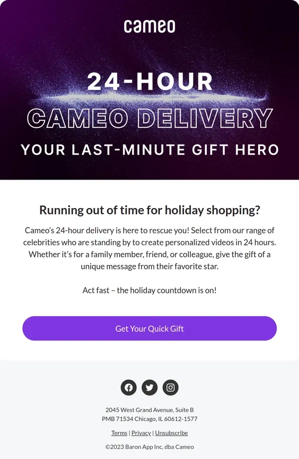 Email from Cameo. 🎁 Need a Quick Gift? Cameo's 24hr Delivery Saves the Day!