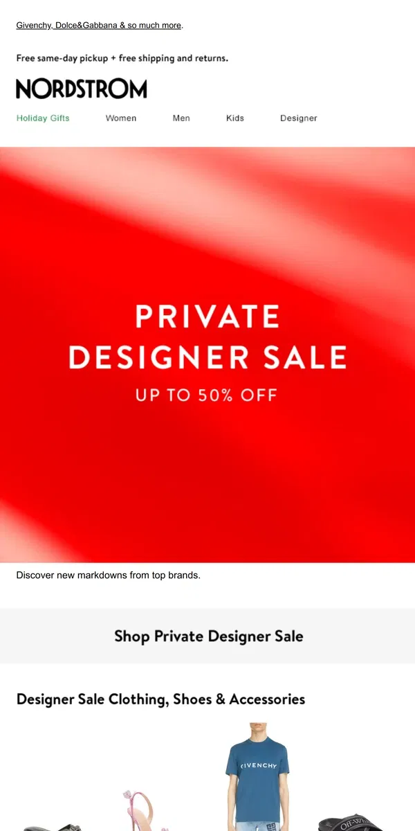 Email from Nordstrom. Private Designer Sale: up to 50% off