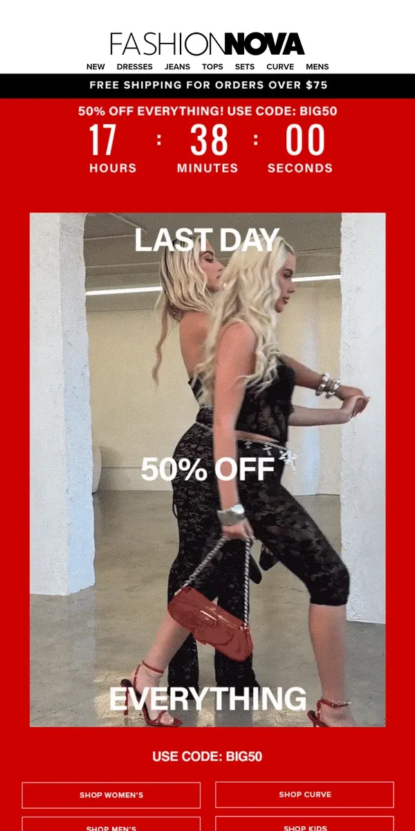 Email from Fashion Nova. ⚠️50% Off Everything LAST DAY⚠️