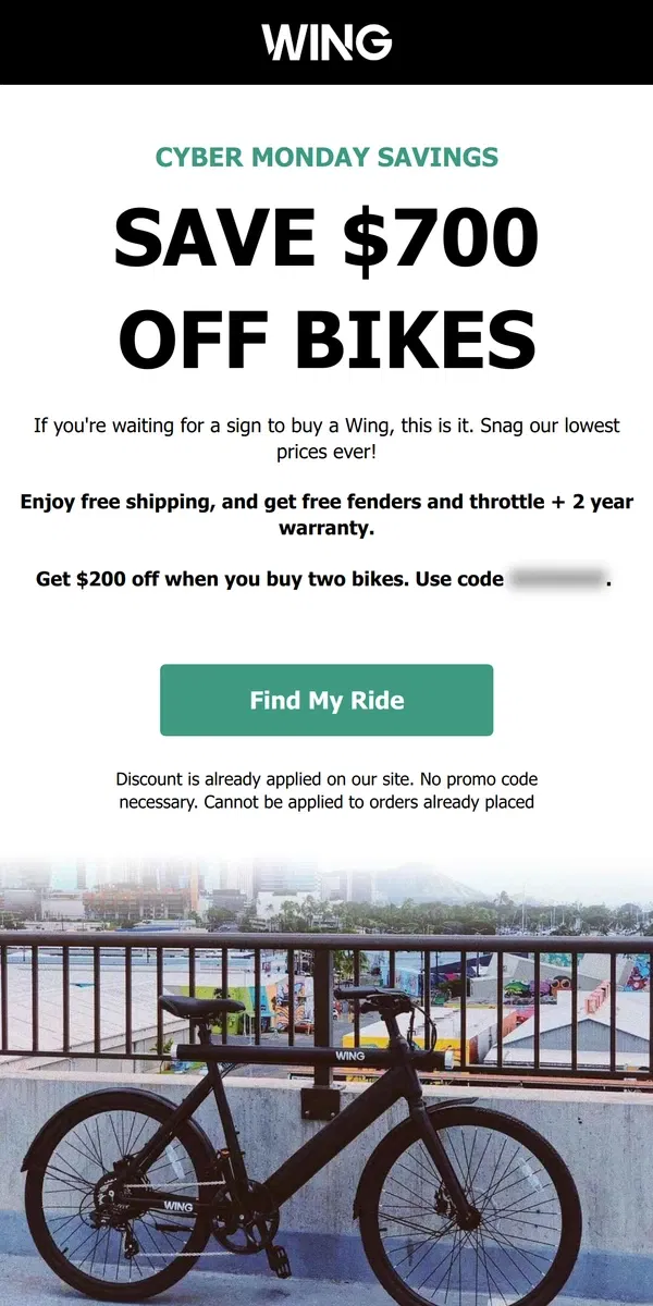 Email from Wing Bikes. Going, going: $700 in savings is (almost) gone!💨