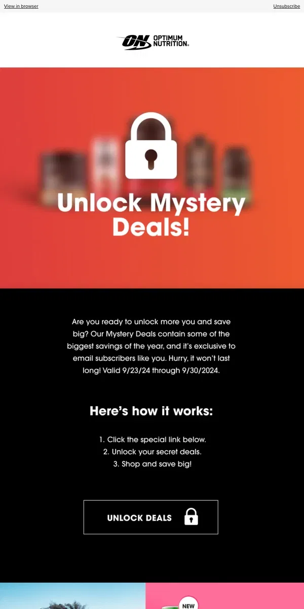 Email from Optimum Nutrition. Unlock Your Mystery Deals! 🔐🤫