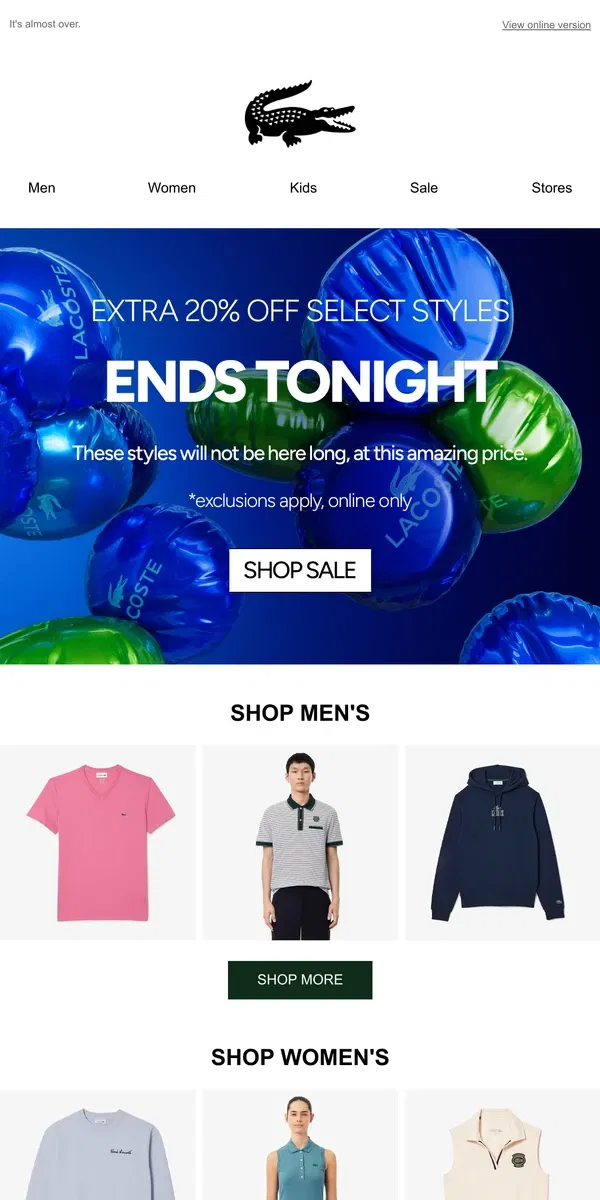 Email from Lacoste. Last Call For Extra 20% Off Sale Items.