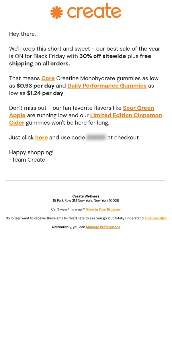 Email from Create Wellness. 👉Black Friday: 30% Off👈