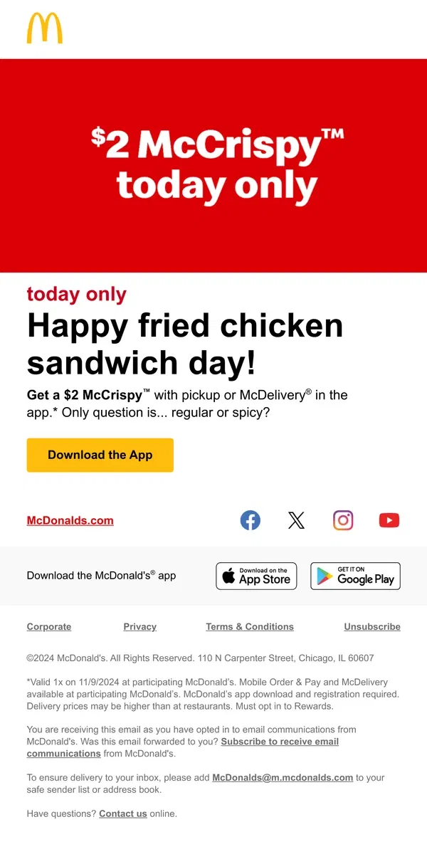 Email from McDonald's. $2 McCrispy™, today only 🥳