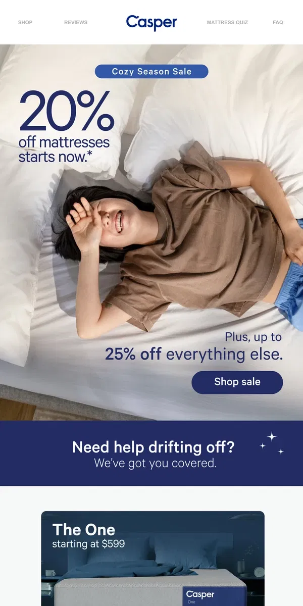 Email from Casper. Snuggle up to 20% off mattresses.