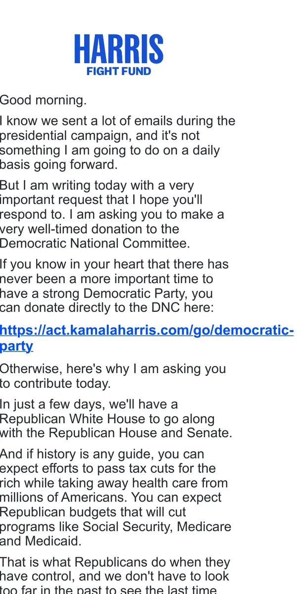 Email from Kamala Harris. Humbly asking you to donate $5 to the Democratic Party