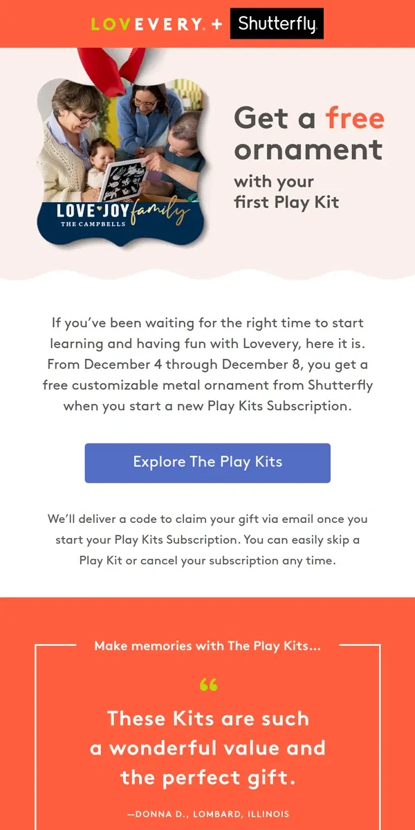 Email from Lovevery. Get a free ornament with your first Play Kit