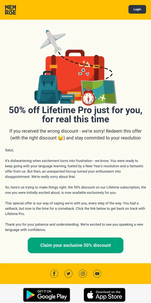 Email from Memrise. Another chance to get 50% off Lifetime Pro - sorry for the mishap!