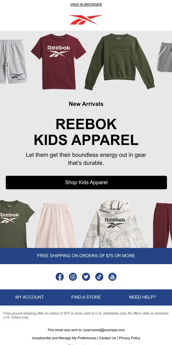 Email from Reebok. Game on 🏆 New kids’ apparel is here