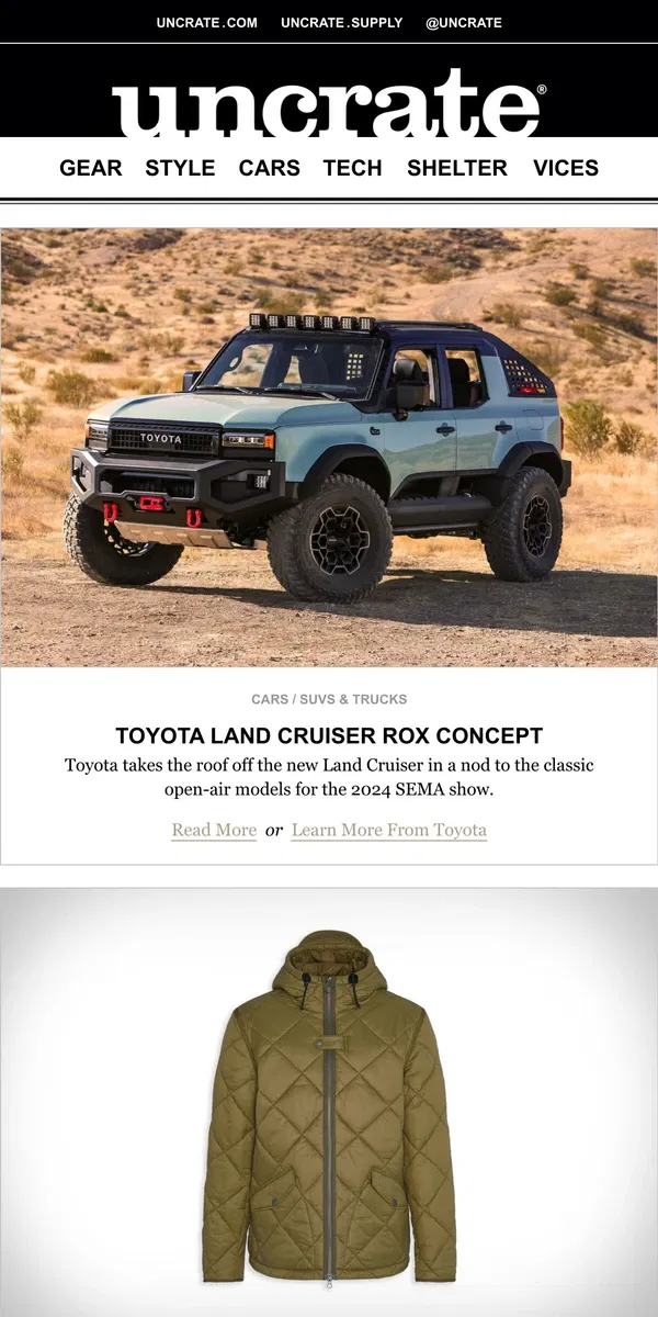 Email from Uncrate. Toyota Land Cruiser ROX Concept & more