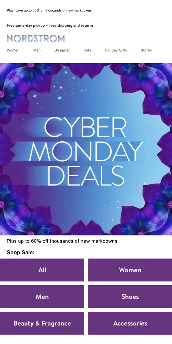 Email from Nordstrom. Surprise! Cyber Monday Deals came early