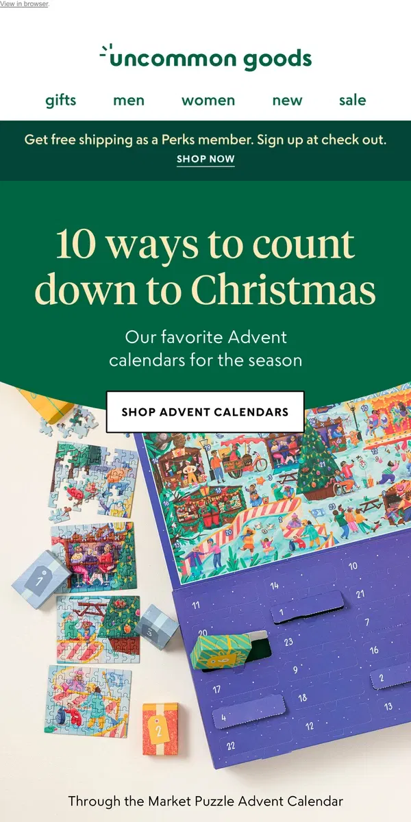 Email from Uncommon Goods. 10 ways to count down to Christmas