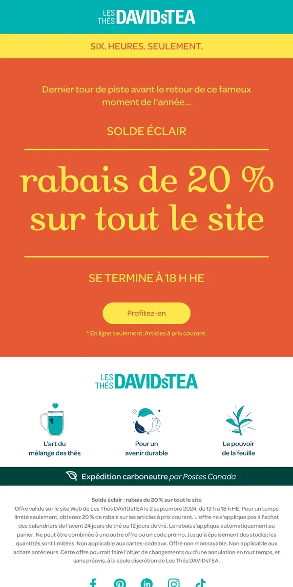 Email from DAVIDsTEA. Le rabais de 20 % sur tout le site commence maintenant