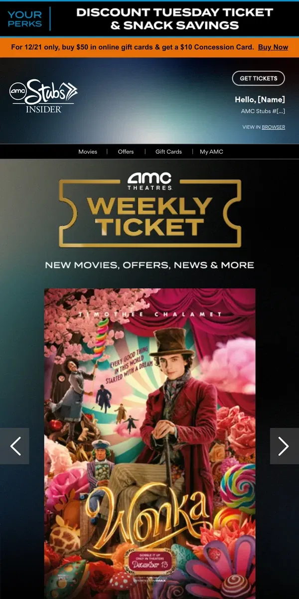 Email from AMC Theatres. [Name], Your Weekly Ticket Is Here