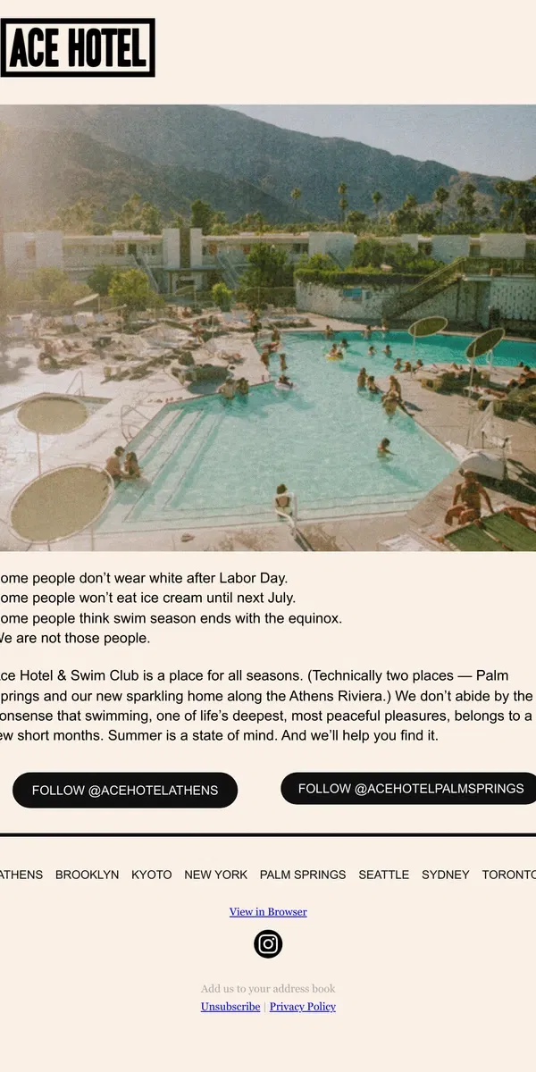 Email from Ace Hotel. A Swim Club for all seasons