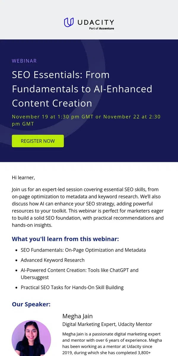 Email from Udacity. [WEBINAR] SEO: Essentials and AI Tips