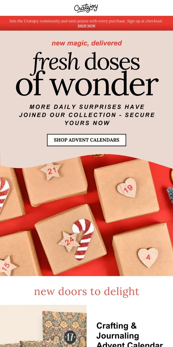 Email from Cratejoy. New: More advent calendars added 🎄