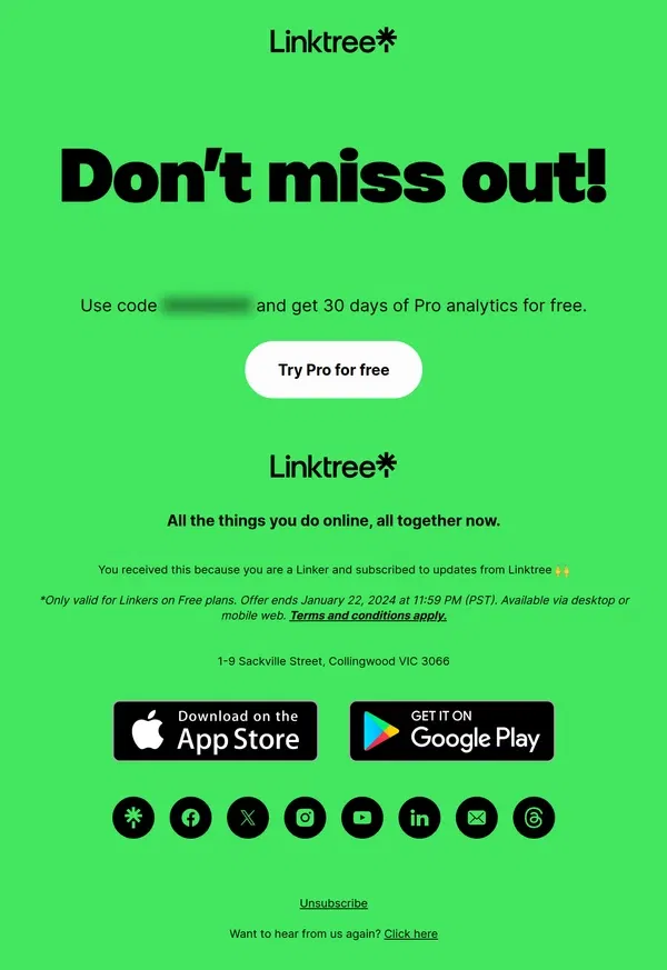 Email from Linktree. ENDS SOON: 30 free days of Pro analytics!