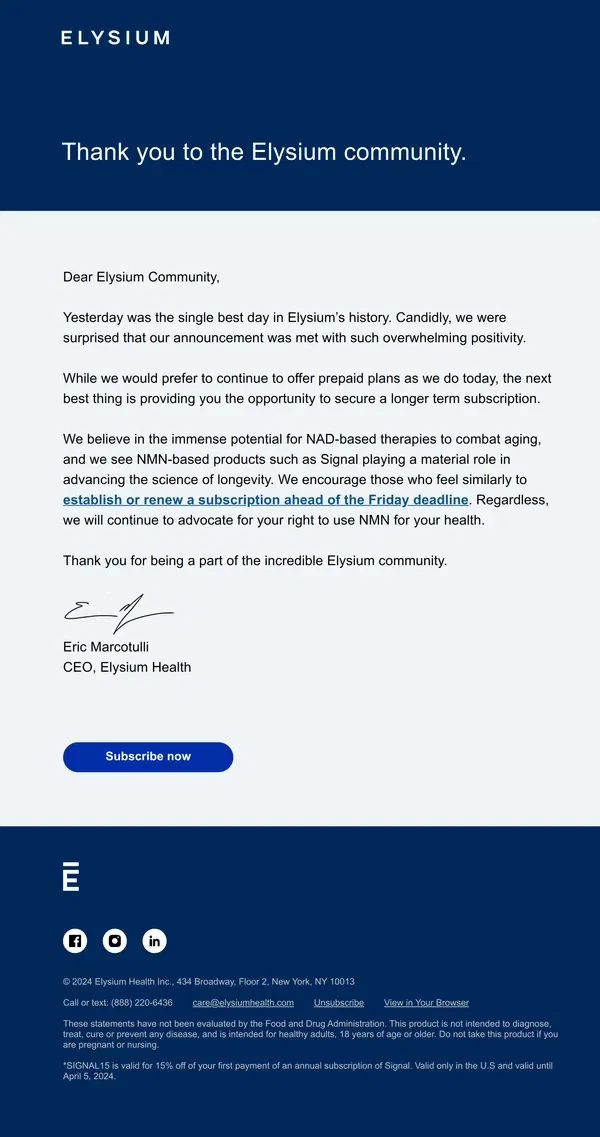 Email from Elysium Health. Your unbelievable support for Signal