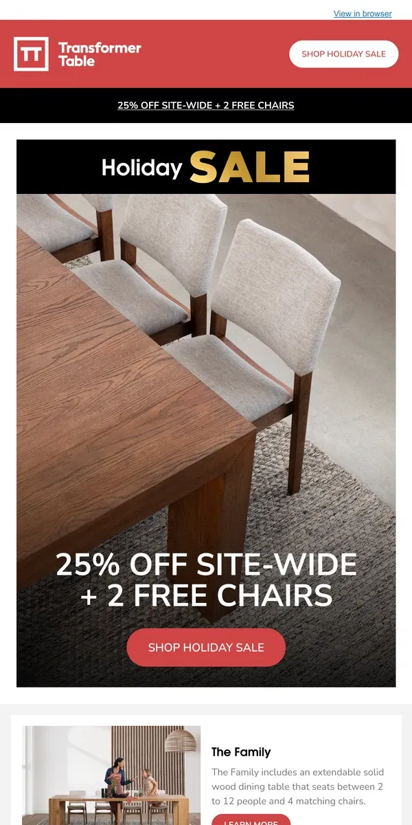 Email from Transformer Table. 2 free chairs and a discount in a pear tree 🎄