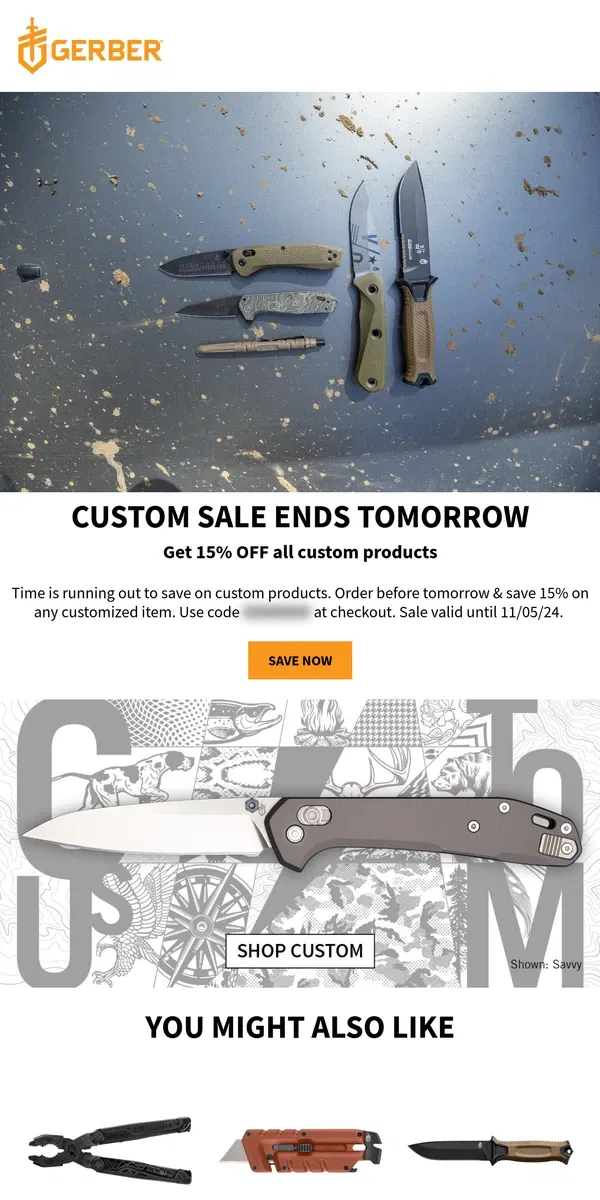 Email from Gerber Gear. 2 DAYS LEFT: 15% off custom products