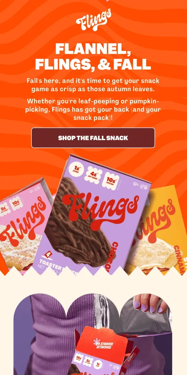 Email from Flings. Sustained energy for every fall festivity 🍂