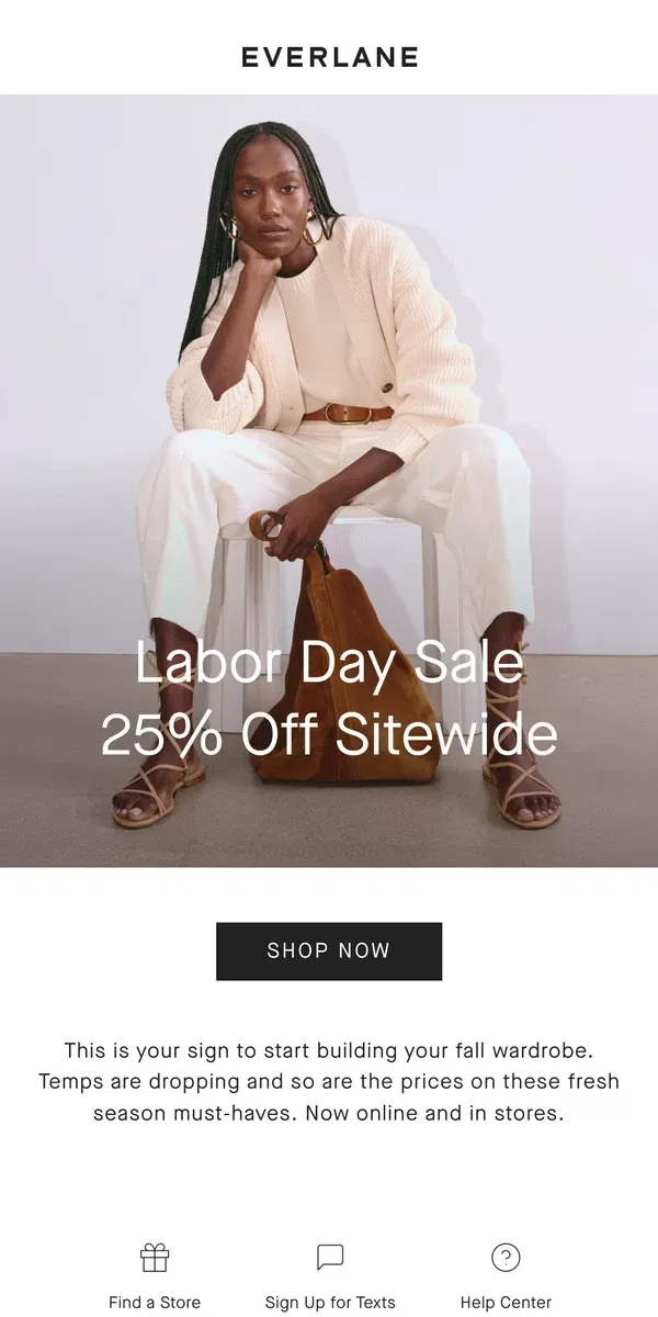 Email from Everlane. Get Low, [Name]: 25% Off Sitewide