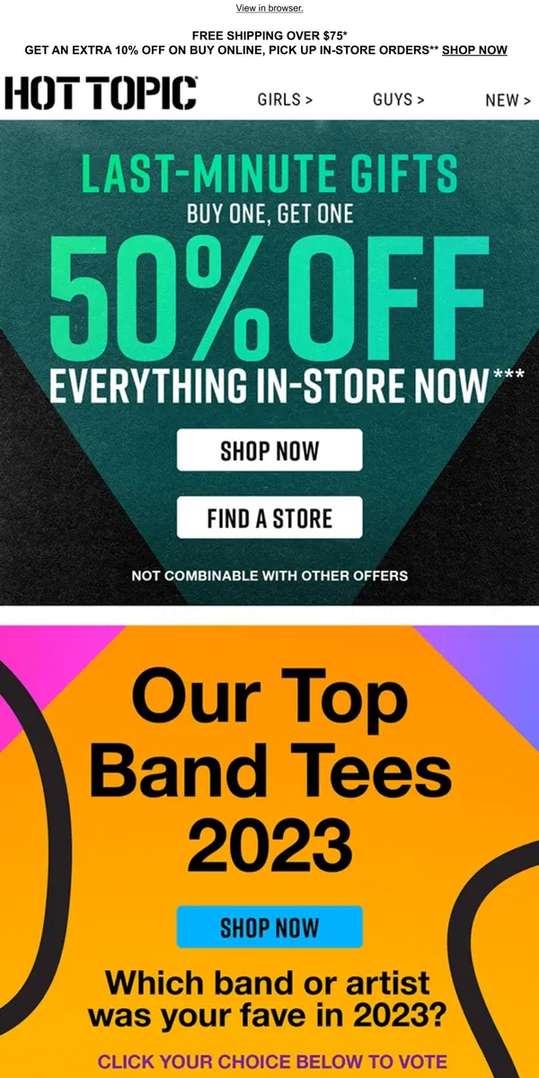 Email from Hot Topic. Tees from bands & artists we were obsessed with in 2023 🙌