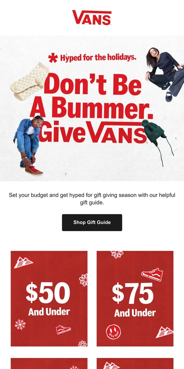 Email from Vans. GIFTS IDEAS: UNDER $100