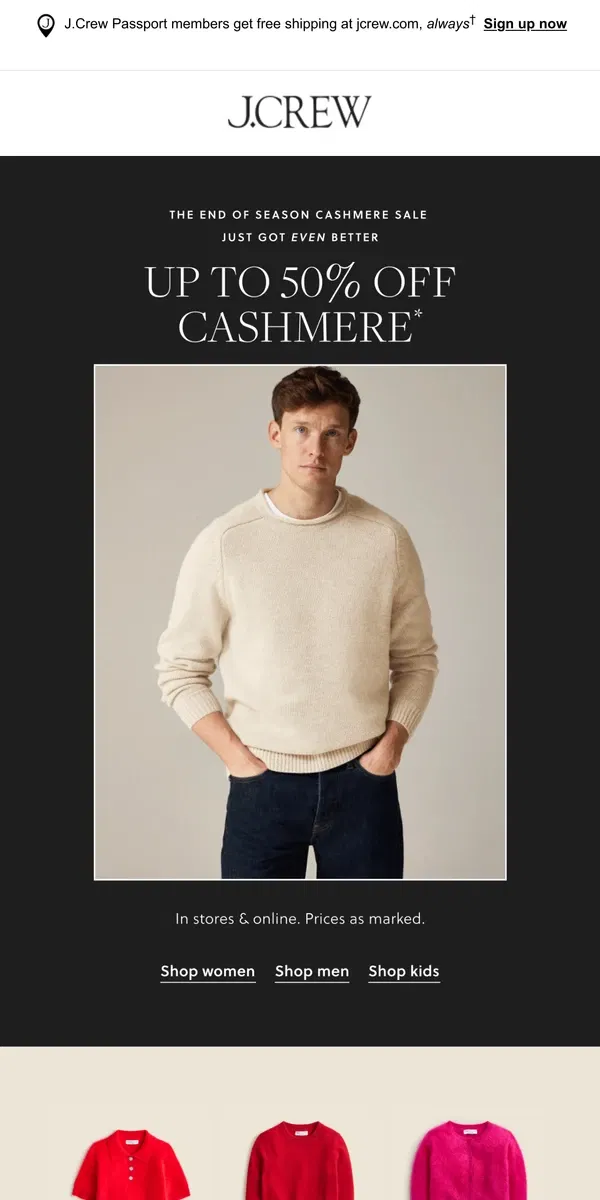 Email from J.Crew. Must shop: up to 50% off cashmere