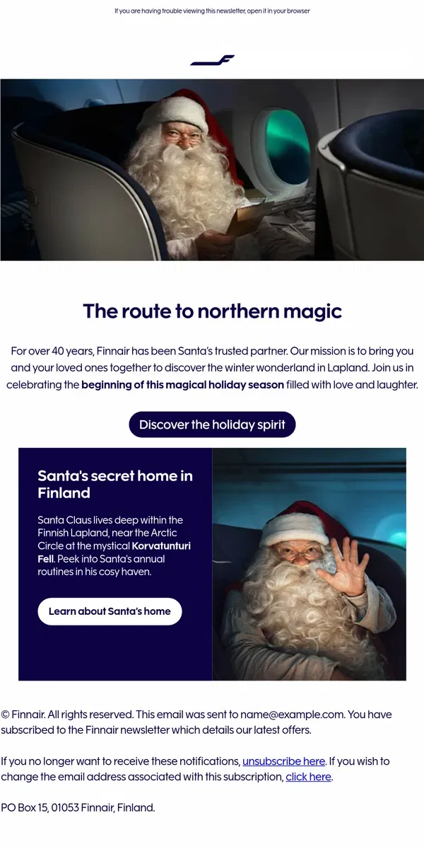 Email from Finnair. Feel the holiday magic with Finnair