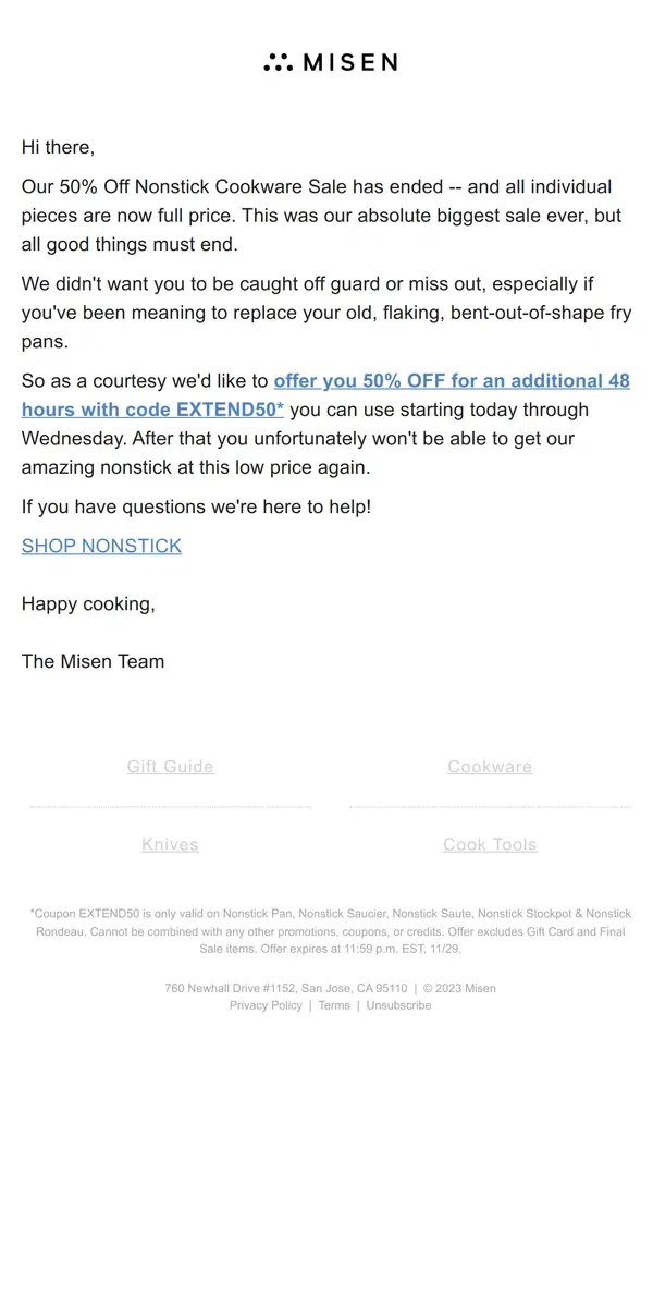 Email from Misen. We're extending or 50% nonstick sale for 48 hours