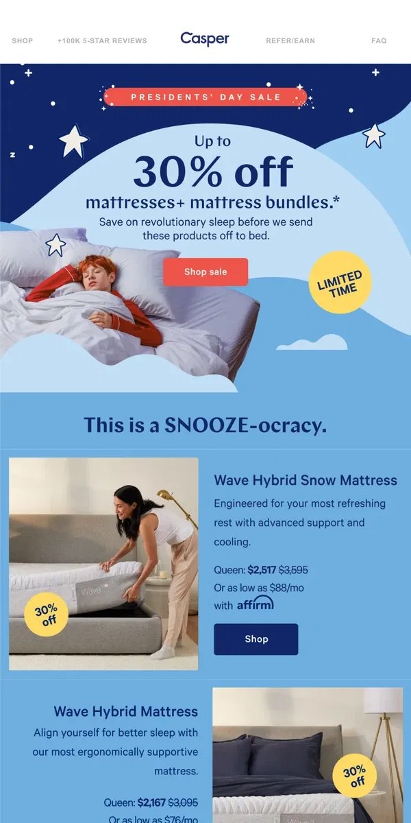 Email from Casper. Up to 30% off all mattresses + mattress bundles 👀