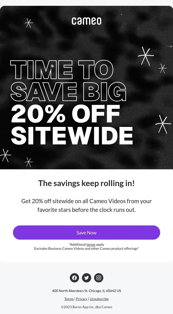 Email from Cameo. Cyber Monday: 20% Off your Favorite Stars