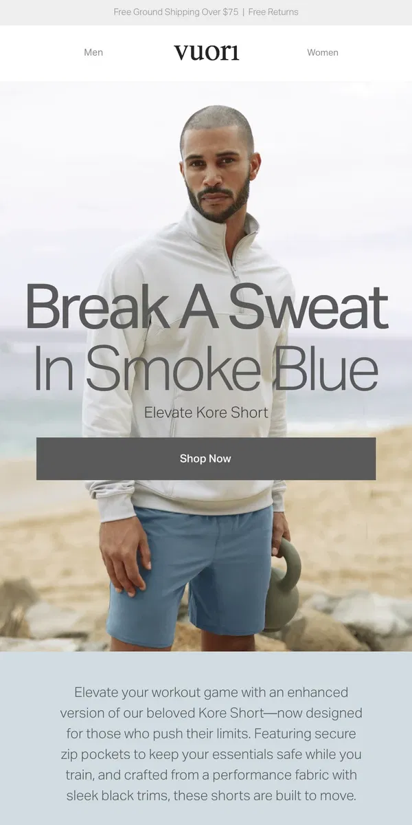 Email from Vuori. New In Smoke Blue: The Elevate Kore Short