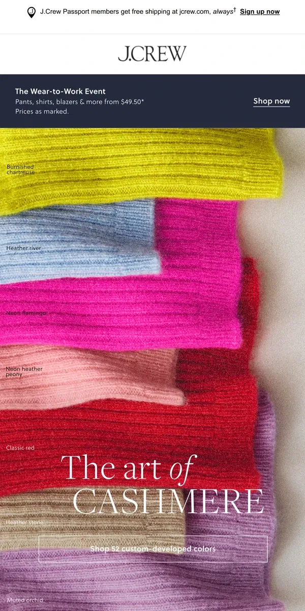 Email from J.Crew. Cashmere, in every color